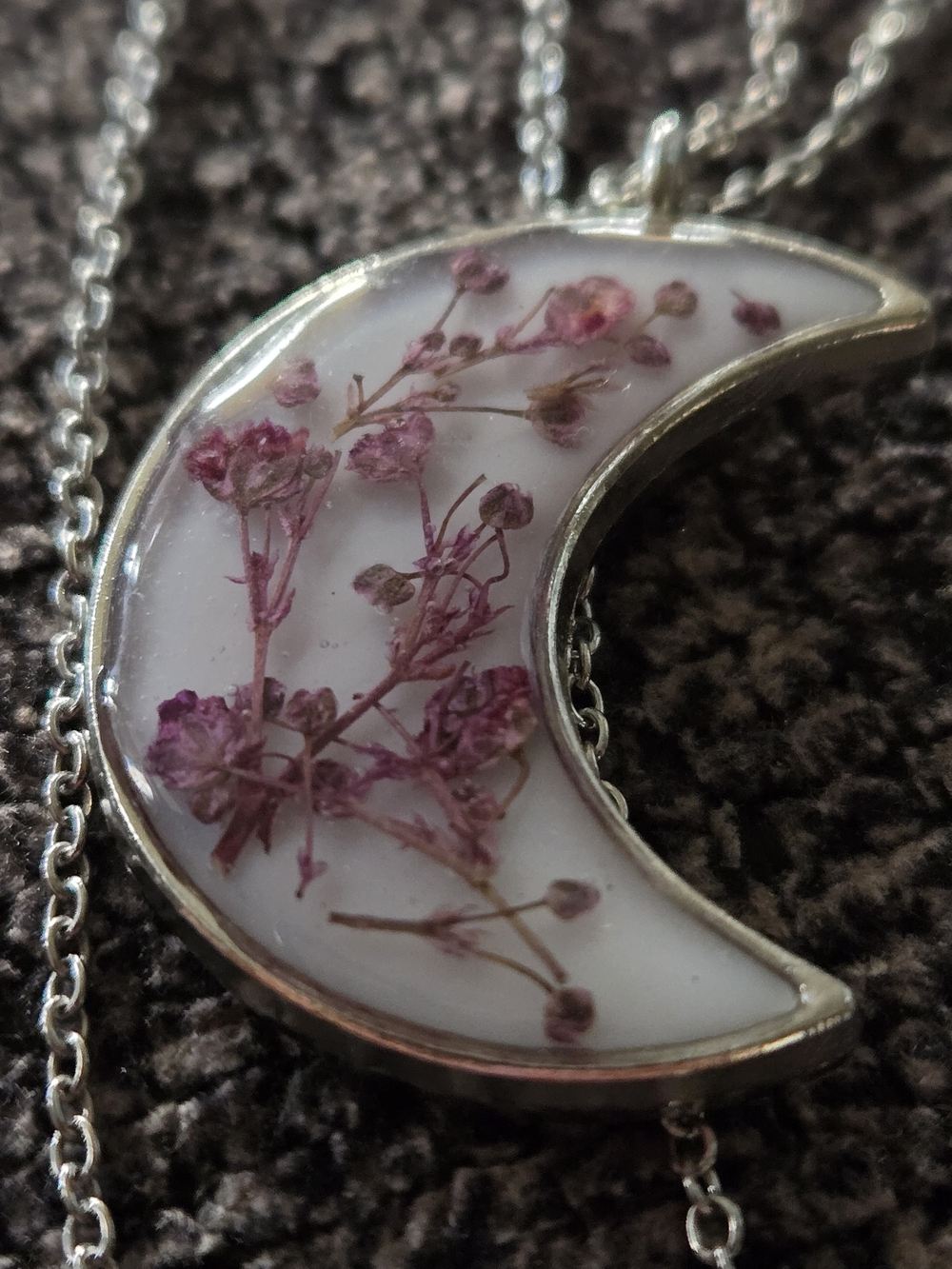 Moon Pendant Necklace with Pink Floral Inlay